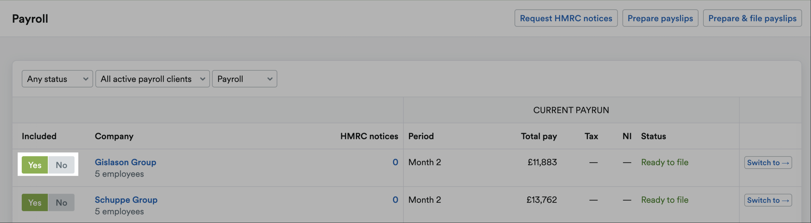 Toggle for including a company on Payroll set to ‘Yes’.