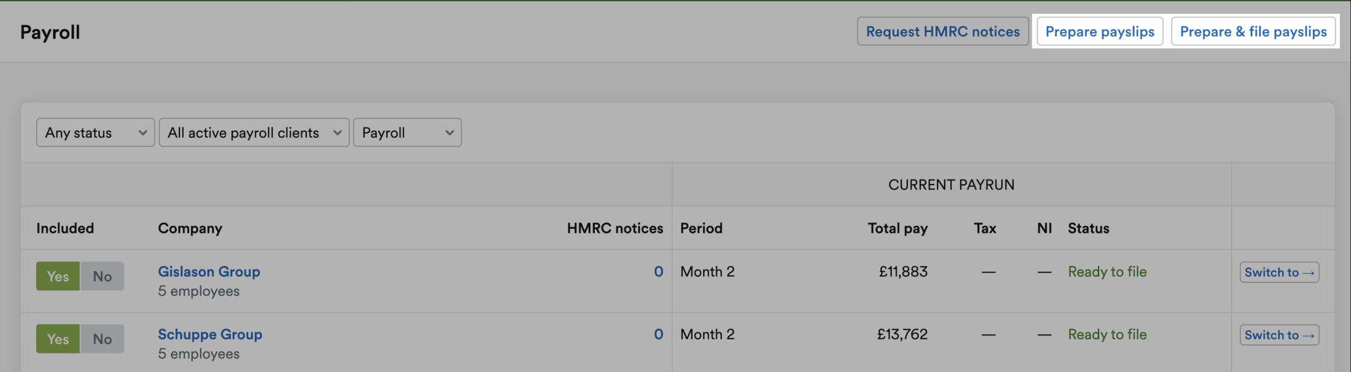 Buttons to ‘Prepare payslips’ and ‘Prepare and file payslips’ highlighted.