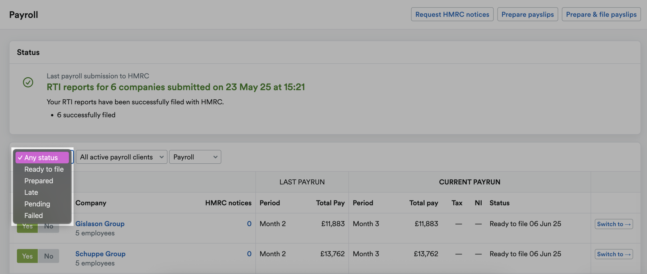 Drop down menu highlighted with different status options to choose from.
