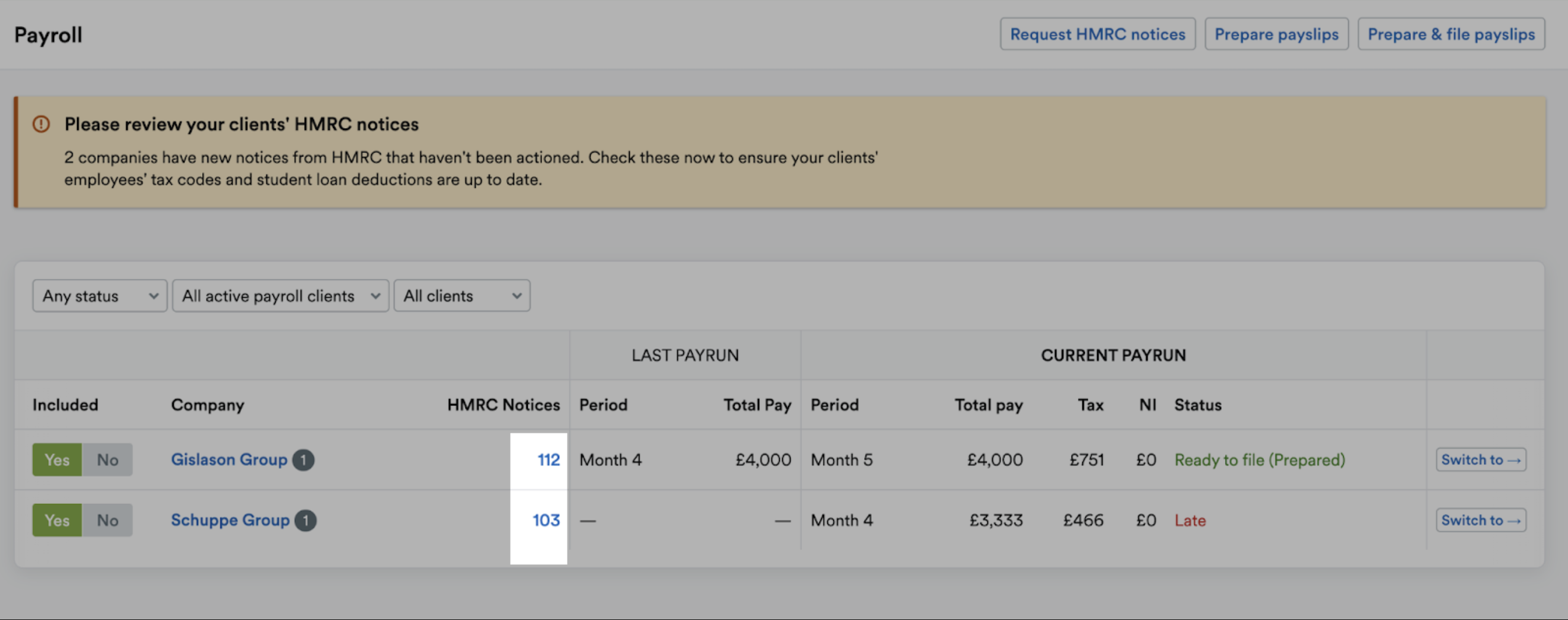 Number of HMRC notices highlighted next to company names.