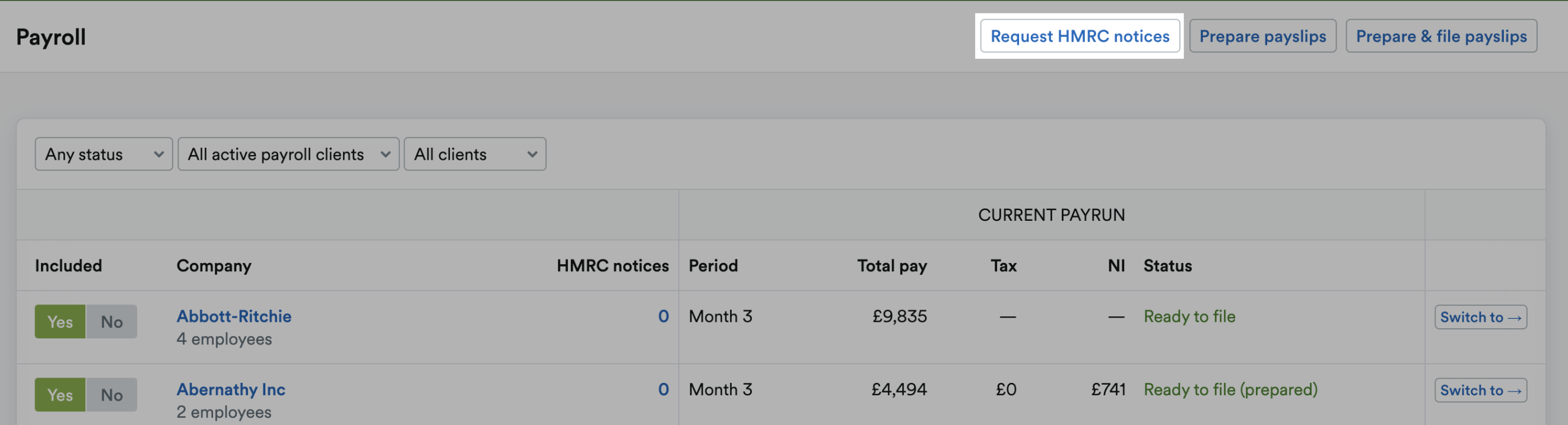 'Request HMRC notices' button highlighted on Payroll page header.