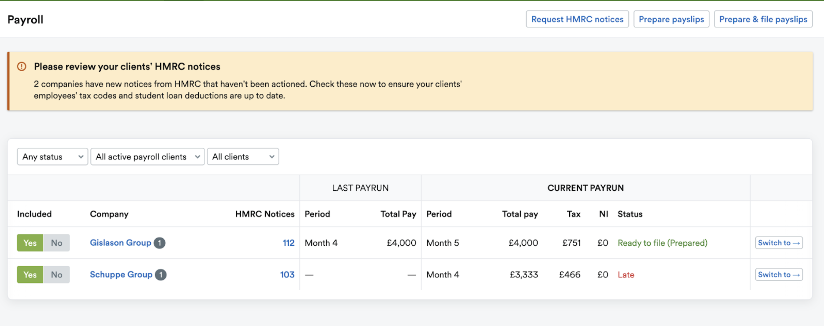 Payroll page listing number of HMRC notices per company.