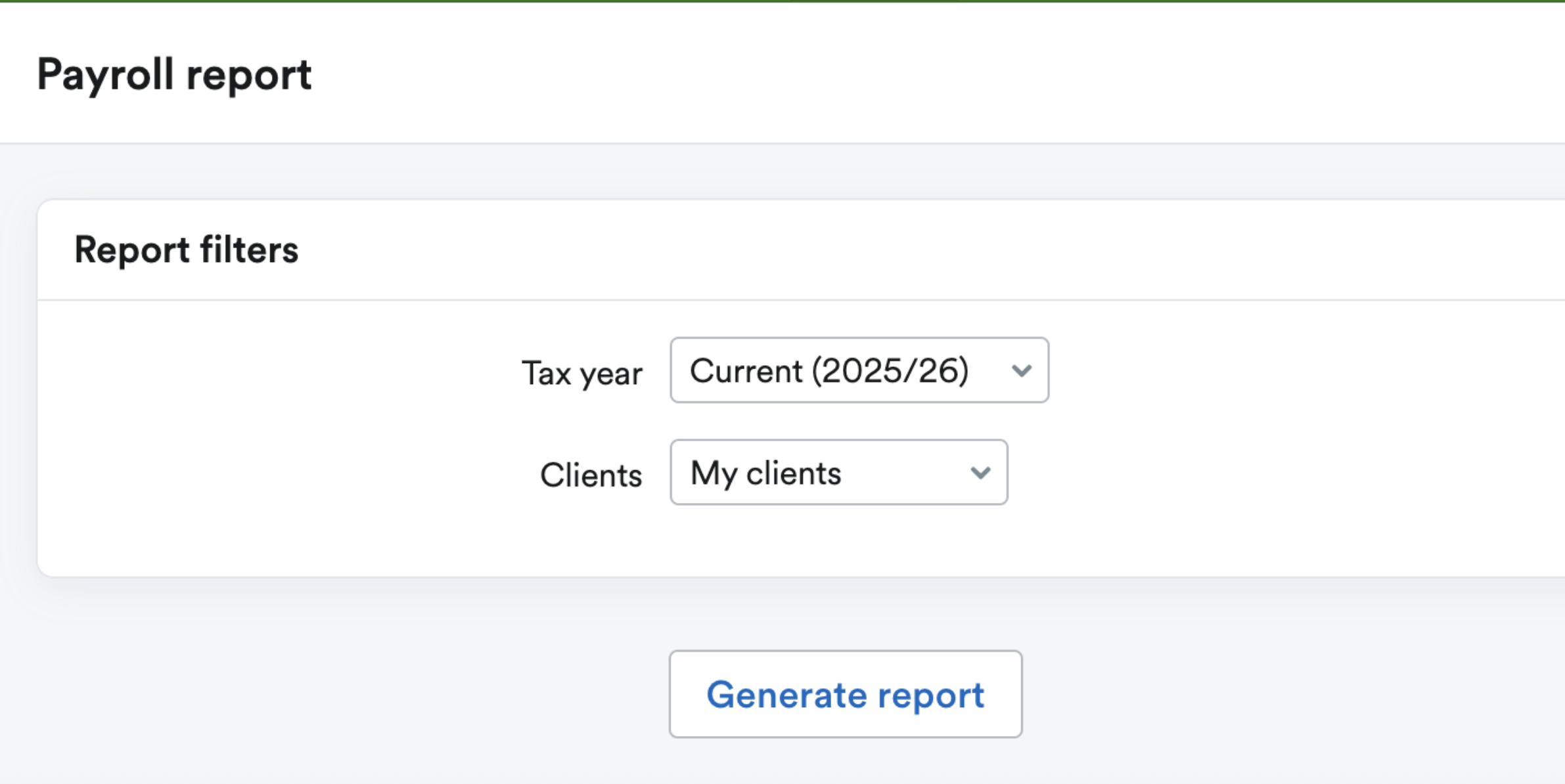 Payroll report page showing tax year and clients filters.