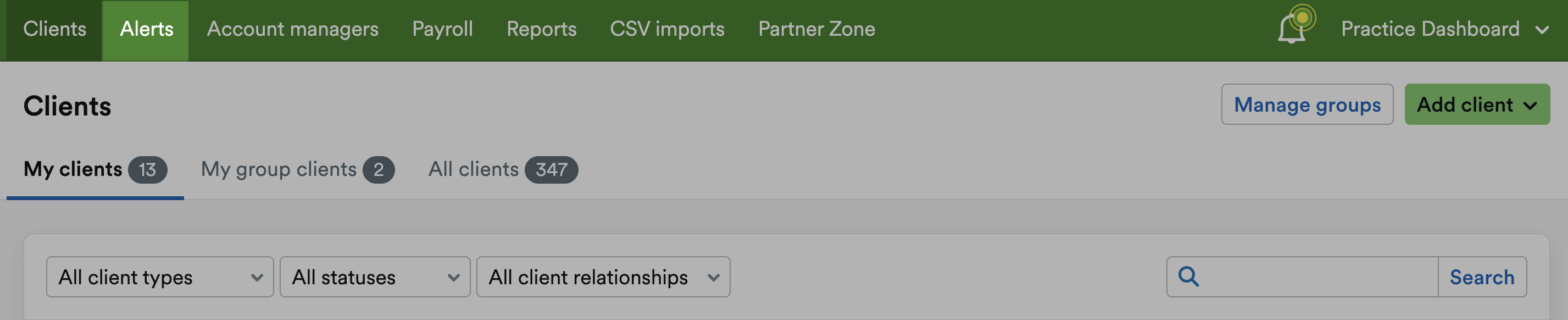 Alerts tab highlighted at the top of the screen