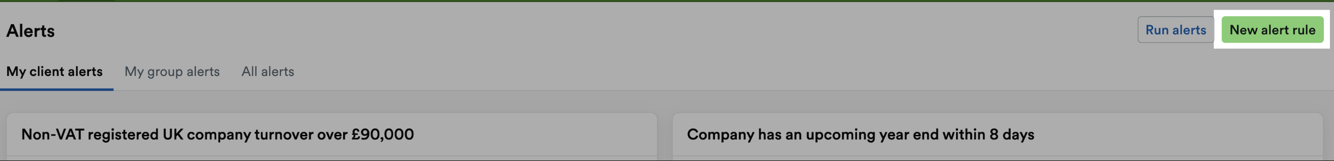 New alert rule button highlighted in top-right corner of Alerts screen