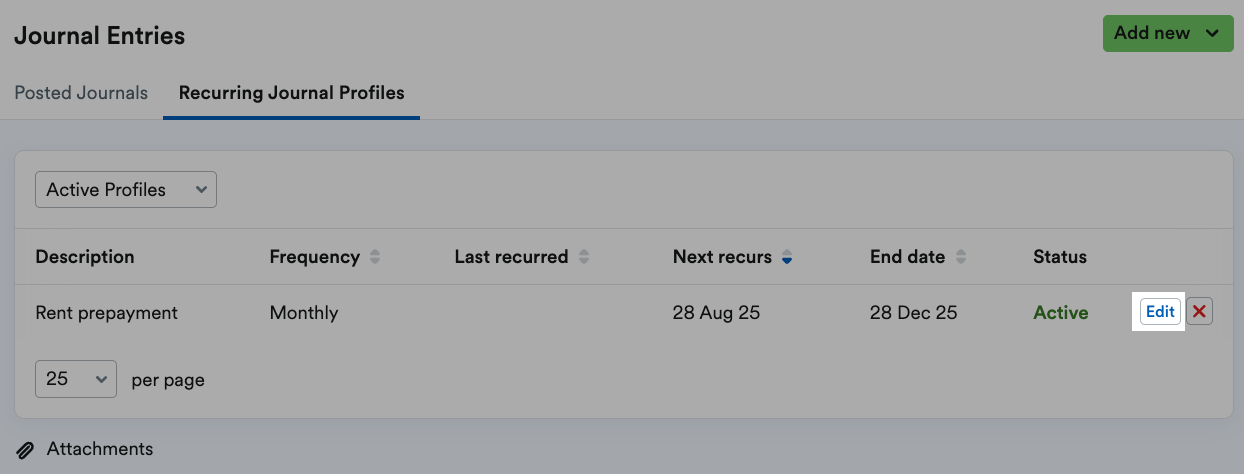 Edit button highlighted to the right of the journal entry profile