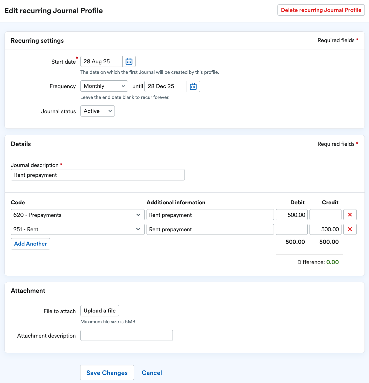 Edit recurring Journal Profile screen