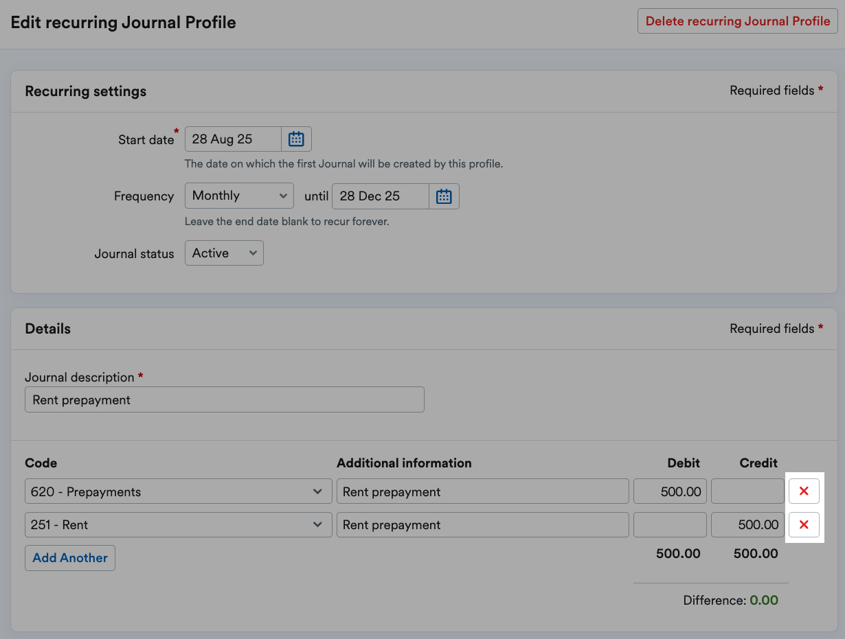 Cross button highlighted to the right of the journals