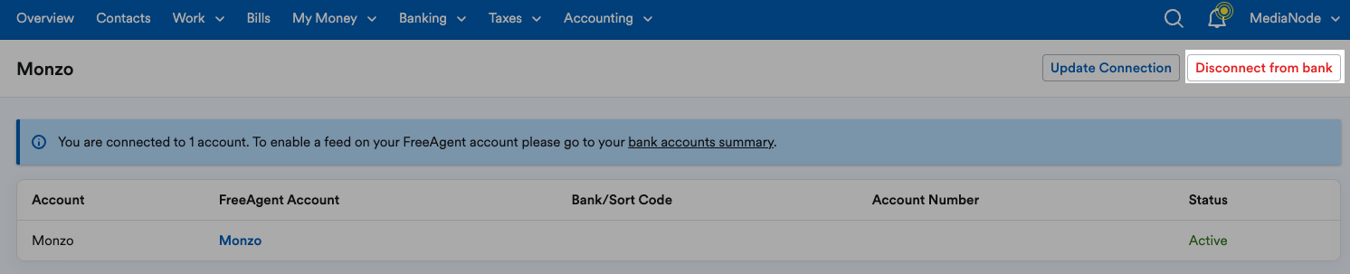 'Disconnect from bank' button highlighted on Monzo page.
