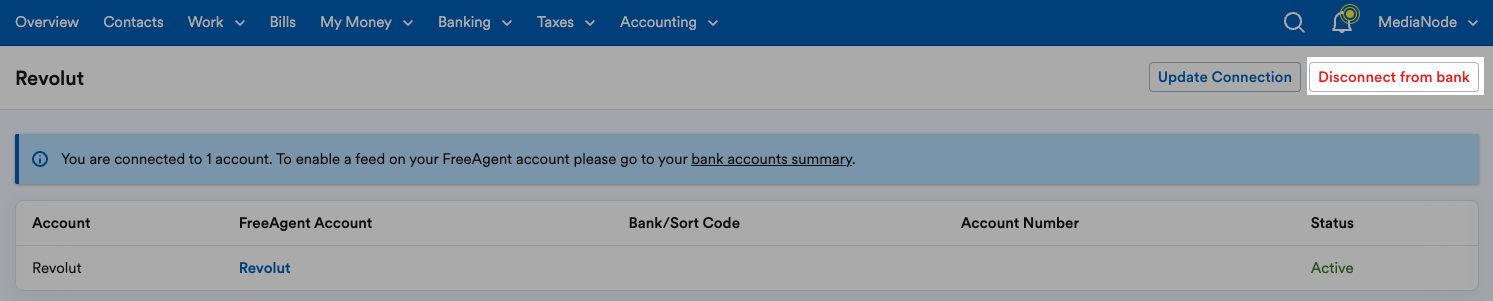 'Disconnect from bank' button highlighted on Revolut page.