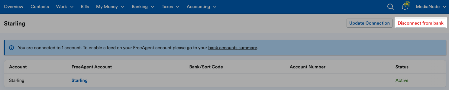 'Disconnect from bank' highlighted on Starling page.