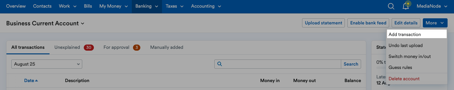 ‘Add transaction’ highlighted on ‘More’ drop down menu.