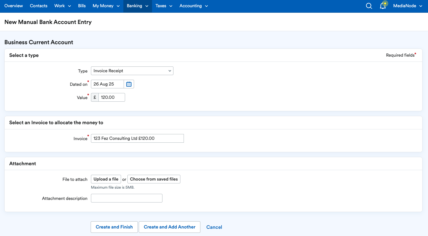 New Manual Bank Account Entry page.