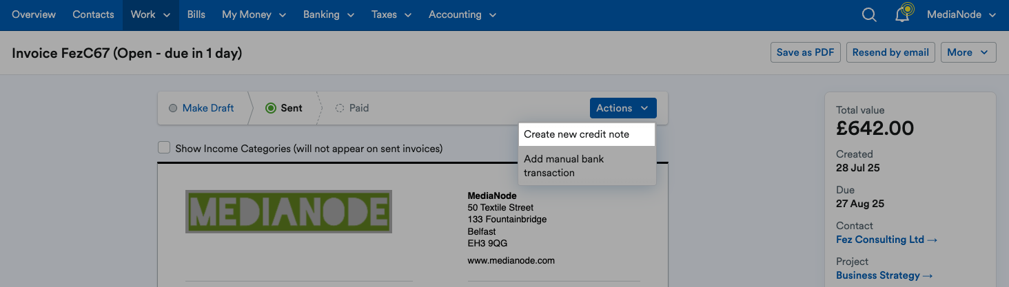 ‘Create new credit note’ highlighted on ‘Actions’ drop down menu.