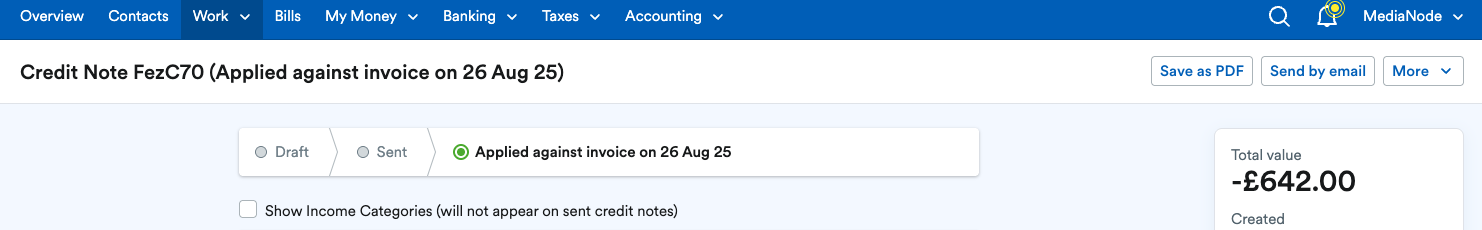 Credit note showing as ‘Applied against invoice’.