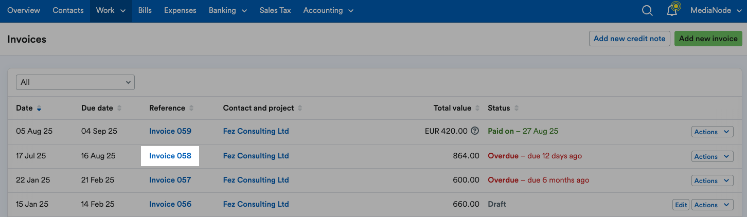 Invoice reference highlighted on list of invoices.