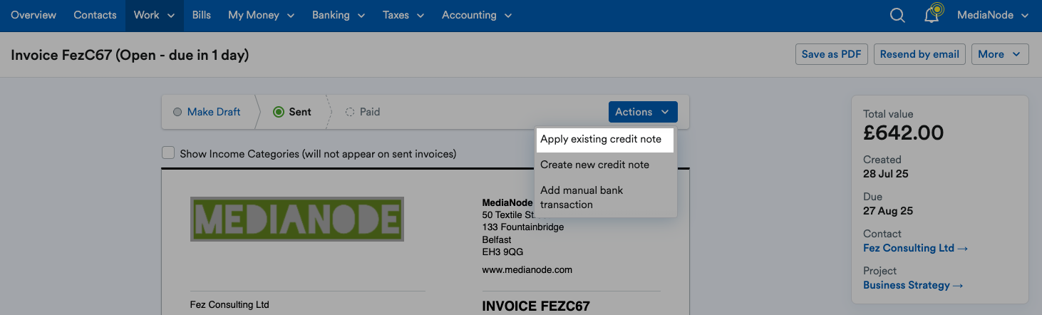 ‘Apply existing credit note’ highlighted on ‘Actions’ drop down menu.