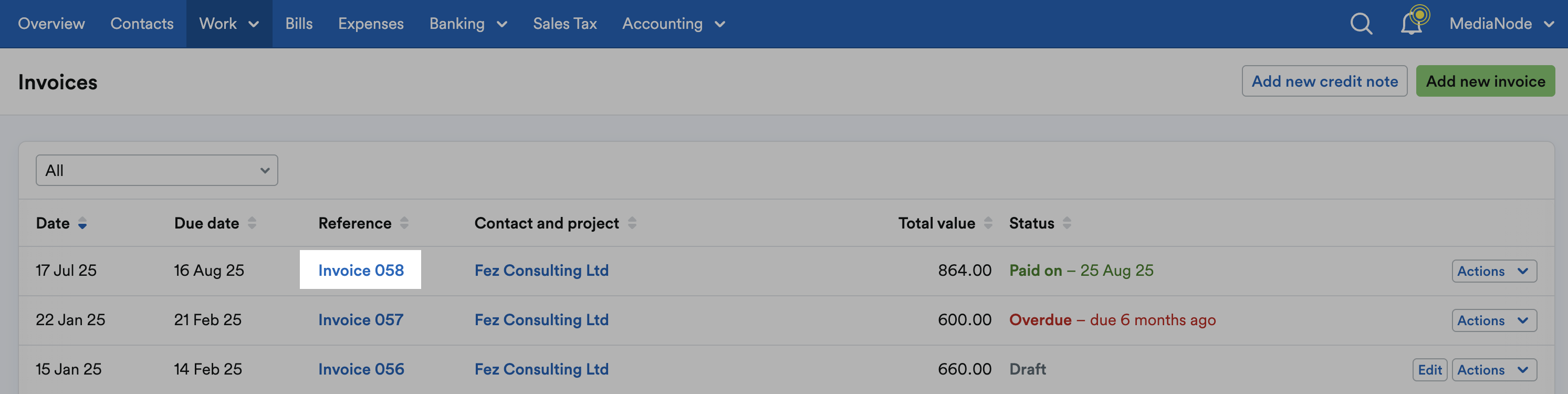 Paid invoice highlighted on list of invoices.