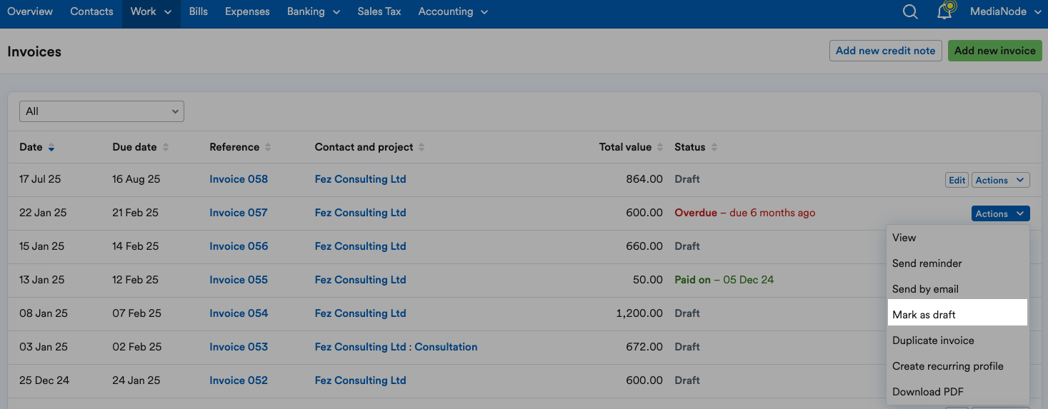 ‘Mark as draft’ highlighted on ‘Actions’ drop down menu.