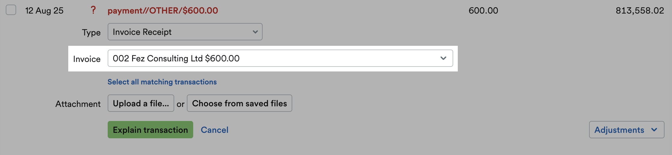 Matching invoice selected from ‘Invoice’ drop down menu.
