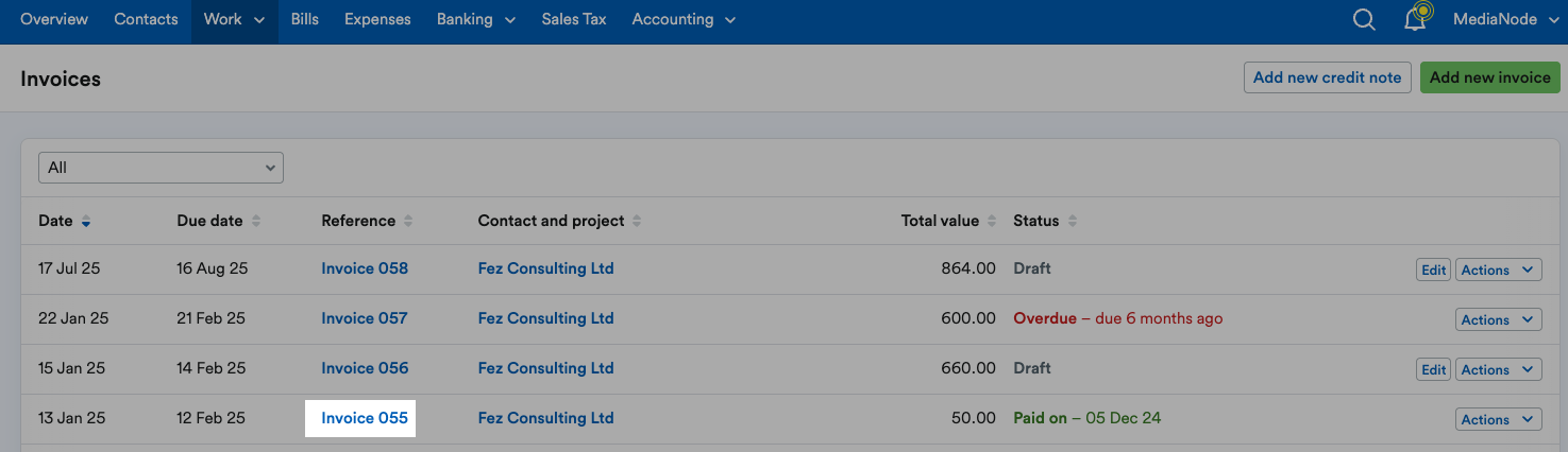 Paid invoice highlighted on list of invoices.