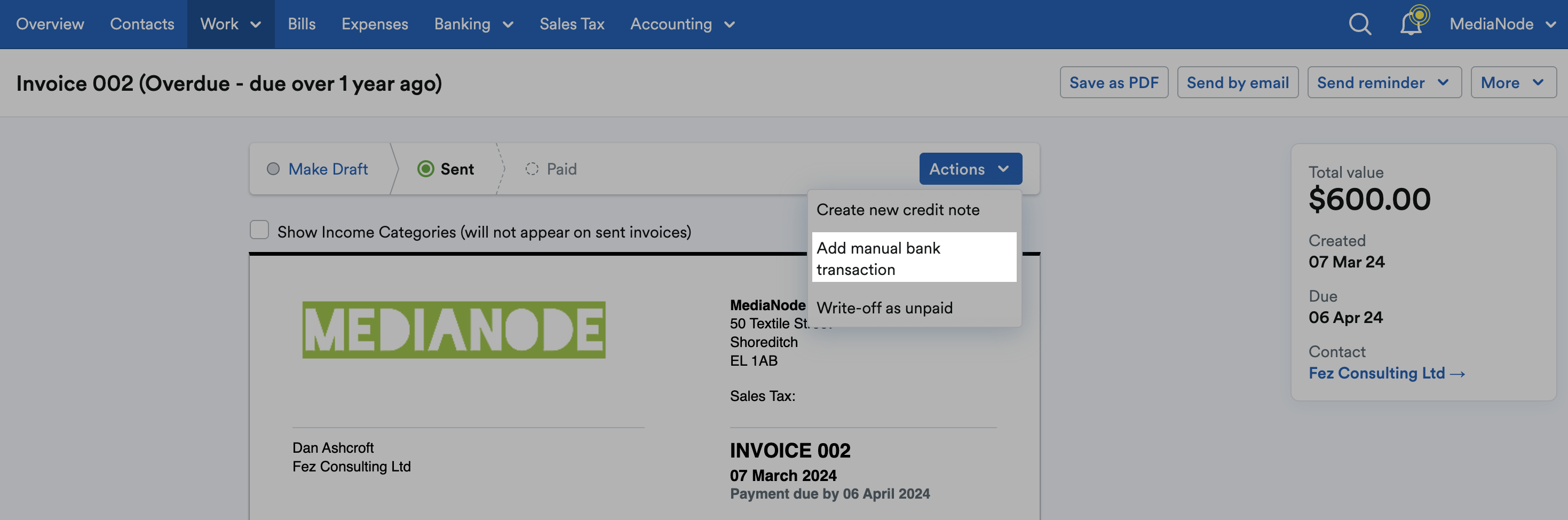 ‘Add manual bank transaction’ highlighted on ‘Actions’ drop down menu.