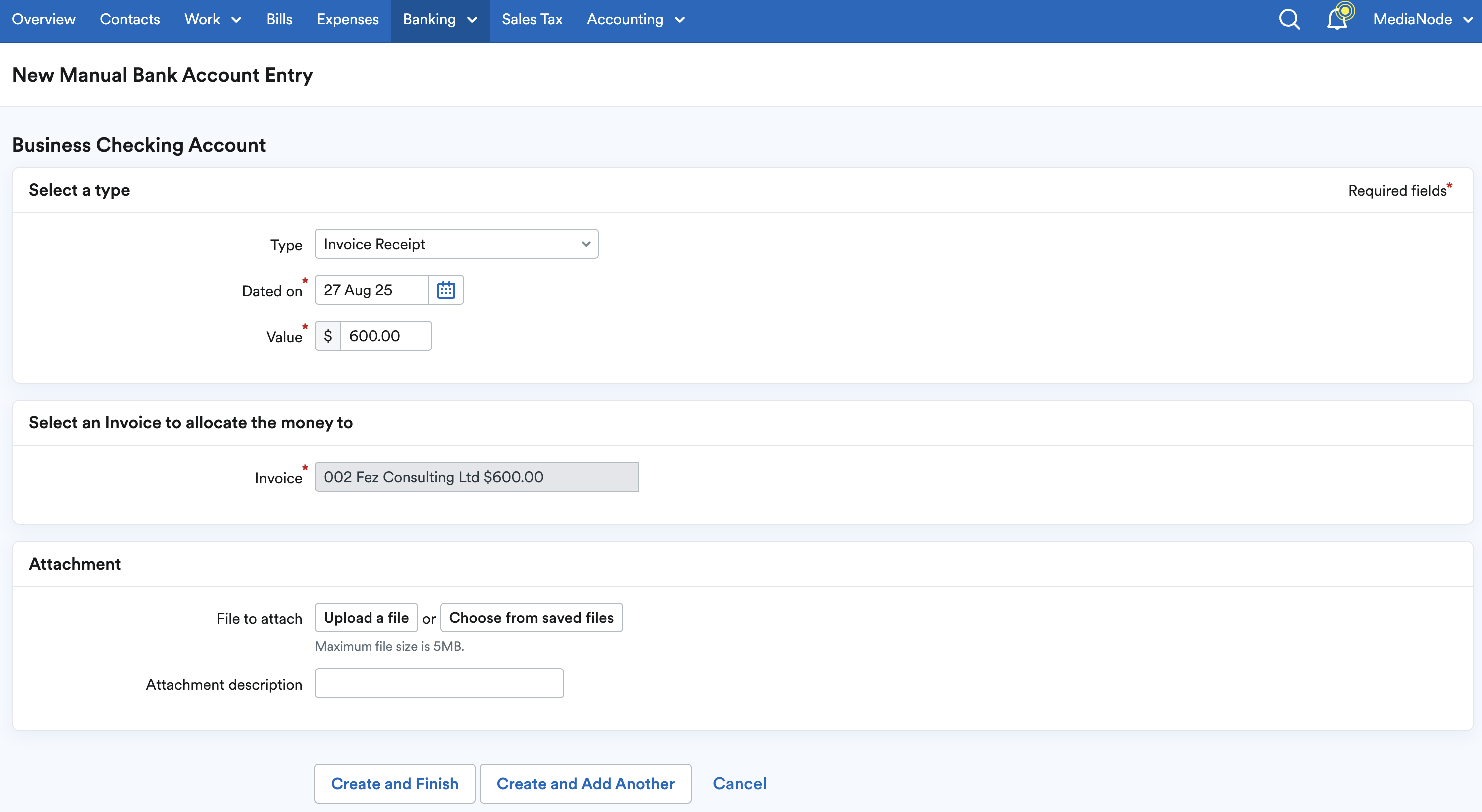 New Manual Bank Account Entry page.