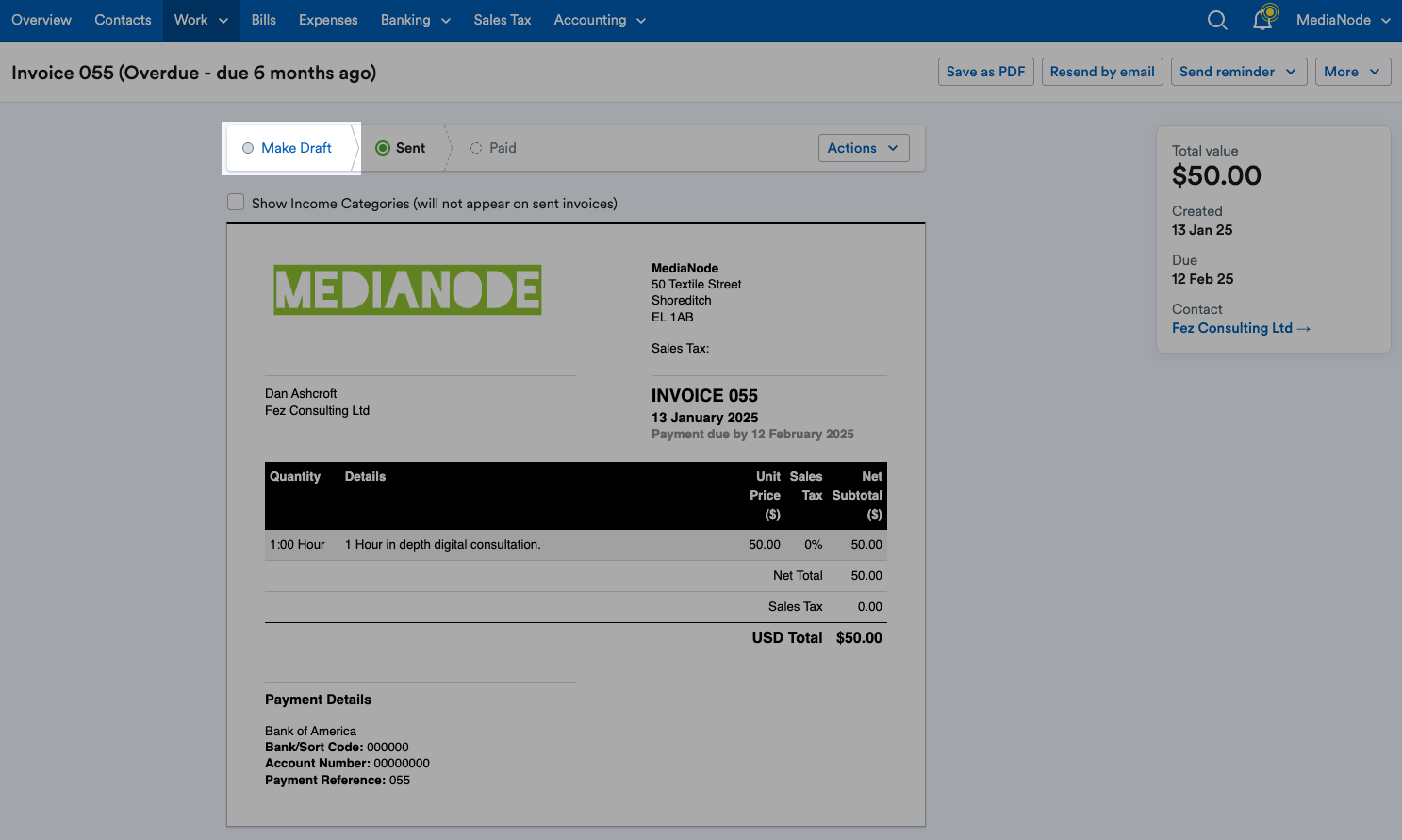 ‘Make Draft’ highlighted above the invoice.