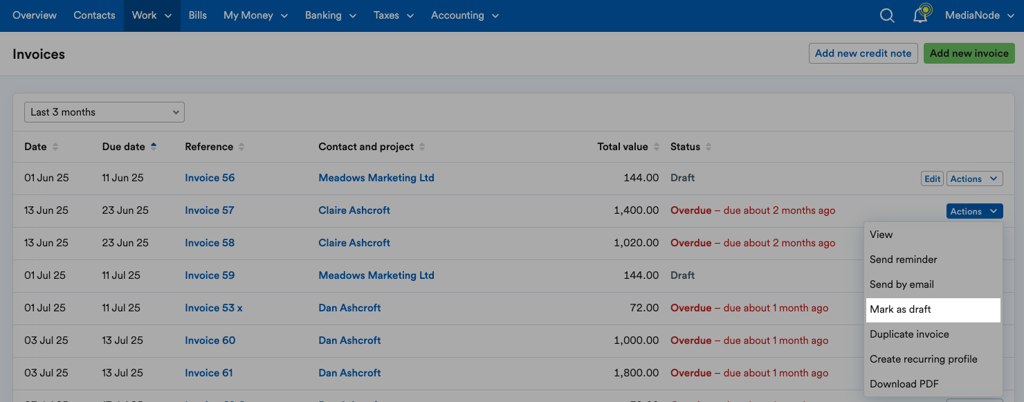 ‘Mark as draft’ highlighted on ‘Actions’ drop down menu.