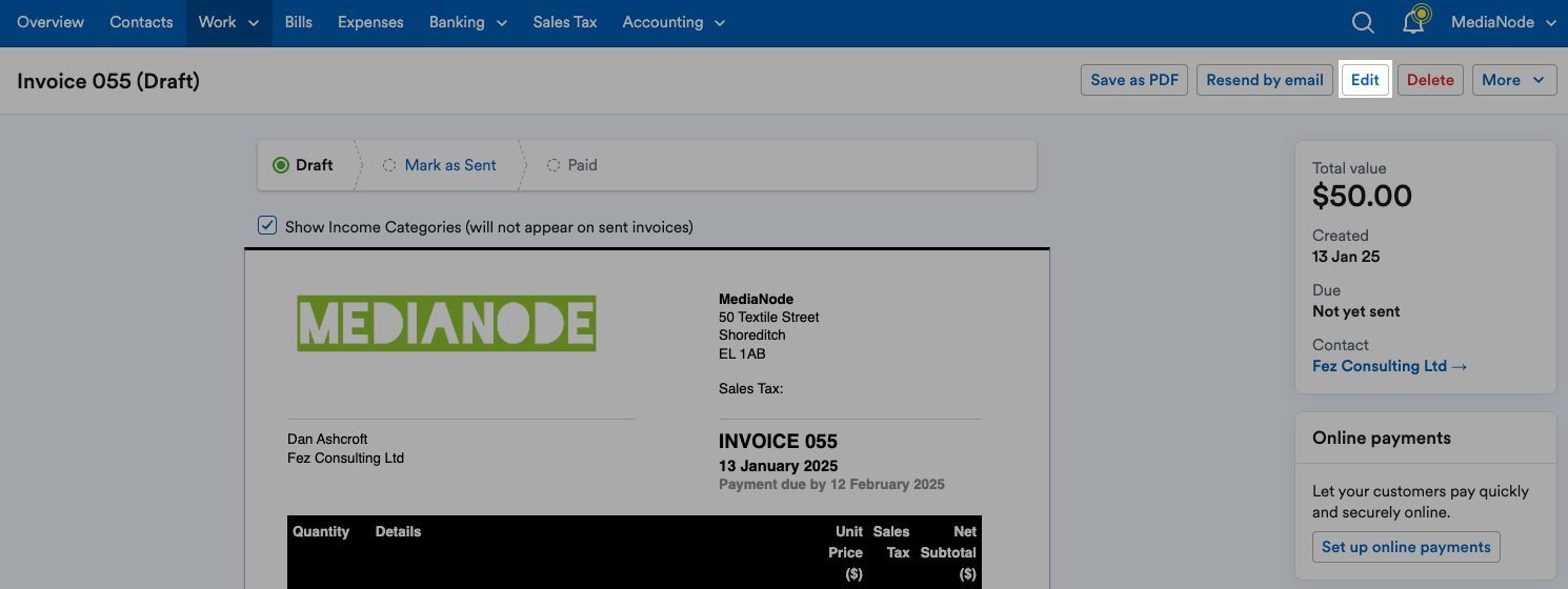 ‘Edit’ button highlighted above the invoice.