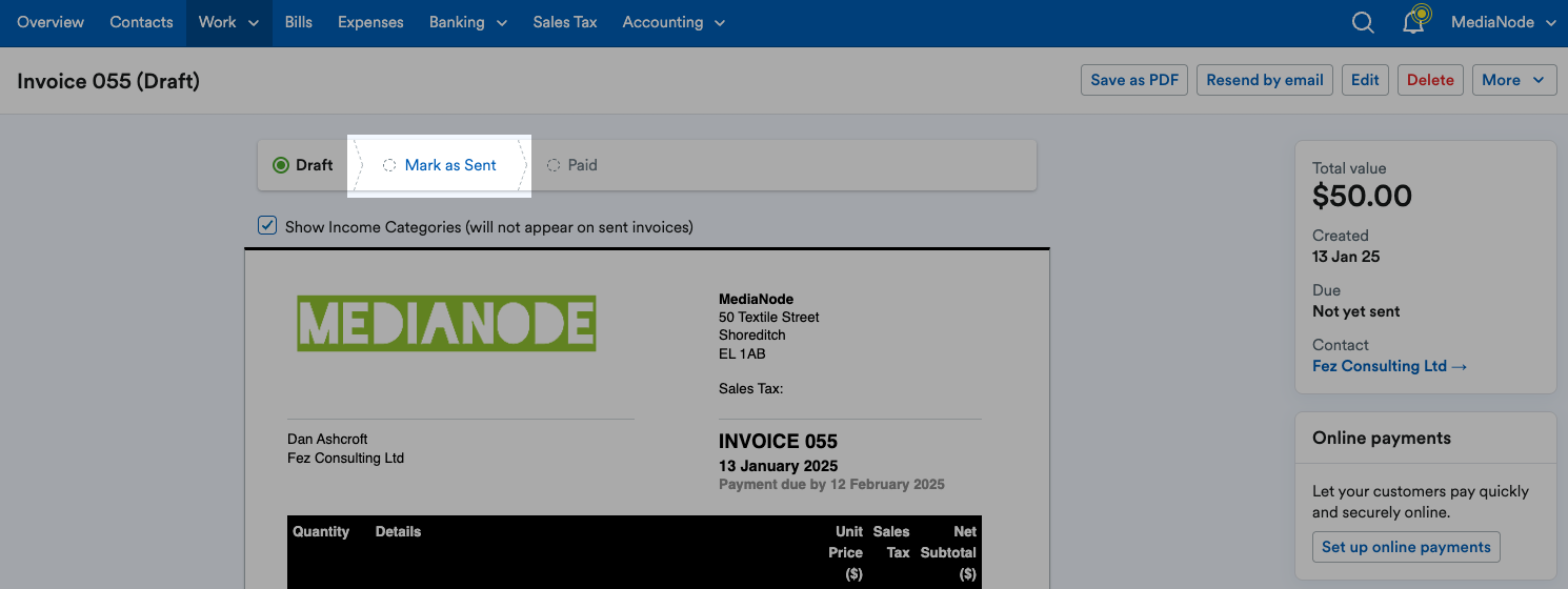 Mark as Sent highlighted above the invoice