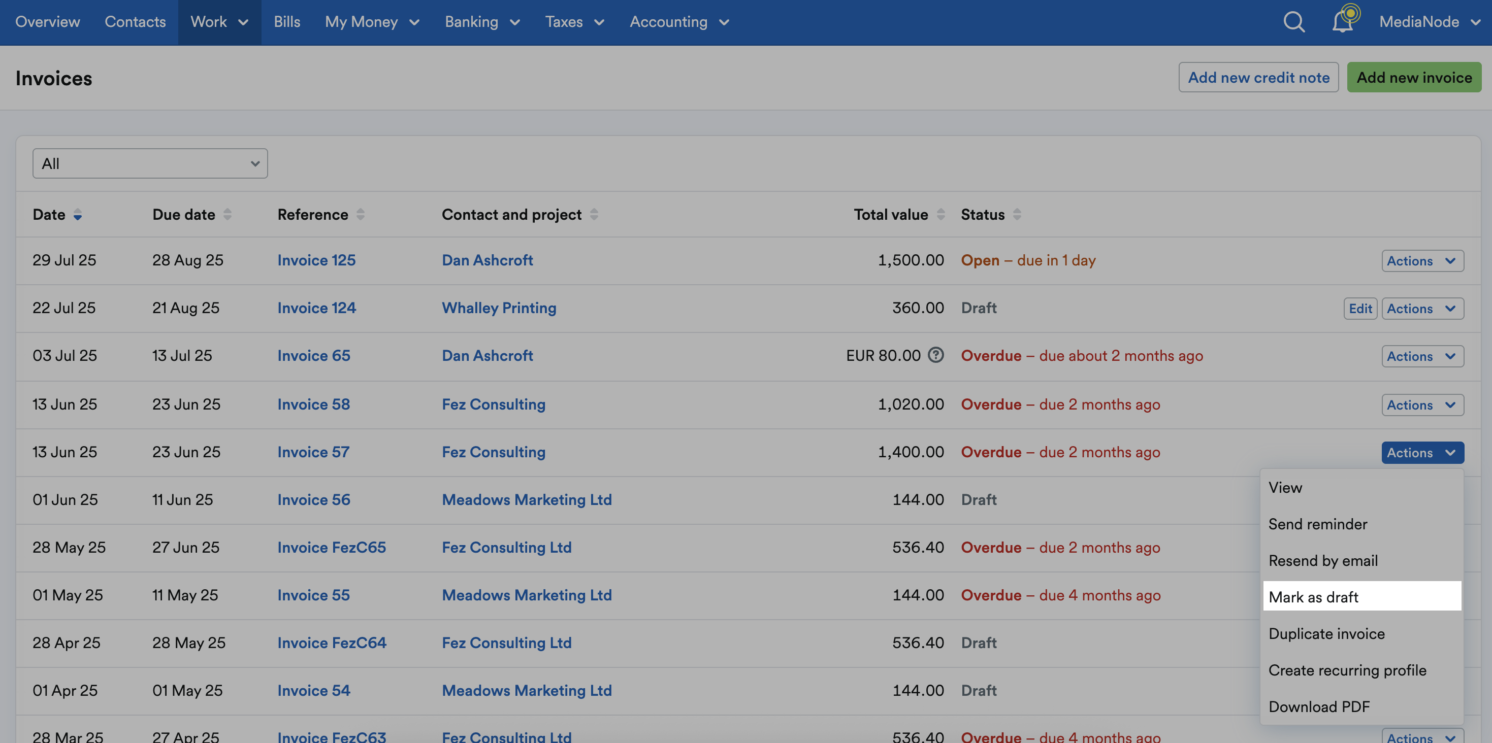 ‘Mark as draft’ highlighted on ‘Actions’ drop down menu.