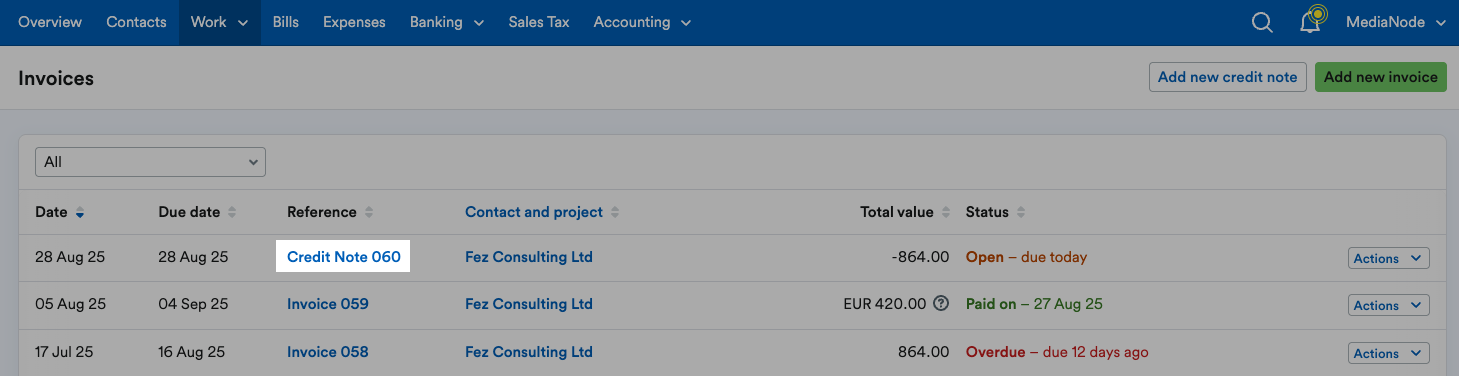 Credit note reference highlighted on list of invoices.