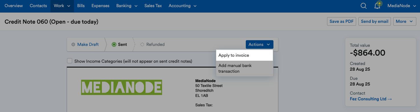 ‘Apply to invoice’ highlighted on ‘Actions’ drop down menu.