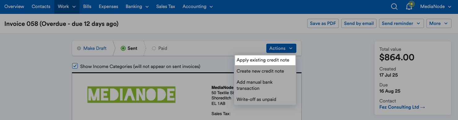 ‘Apply existing credit note’ highlighted on ‘Actions’ drop down menu.