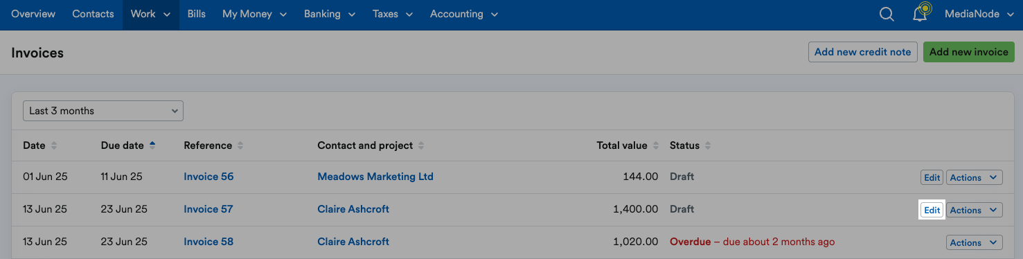 ‘Edit’ button highlighted next to invoice.