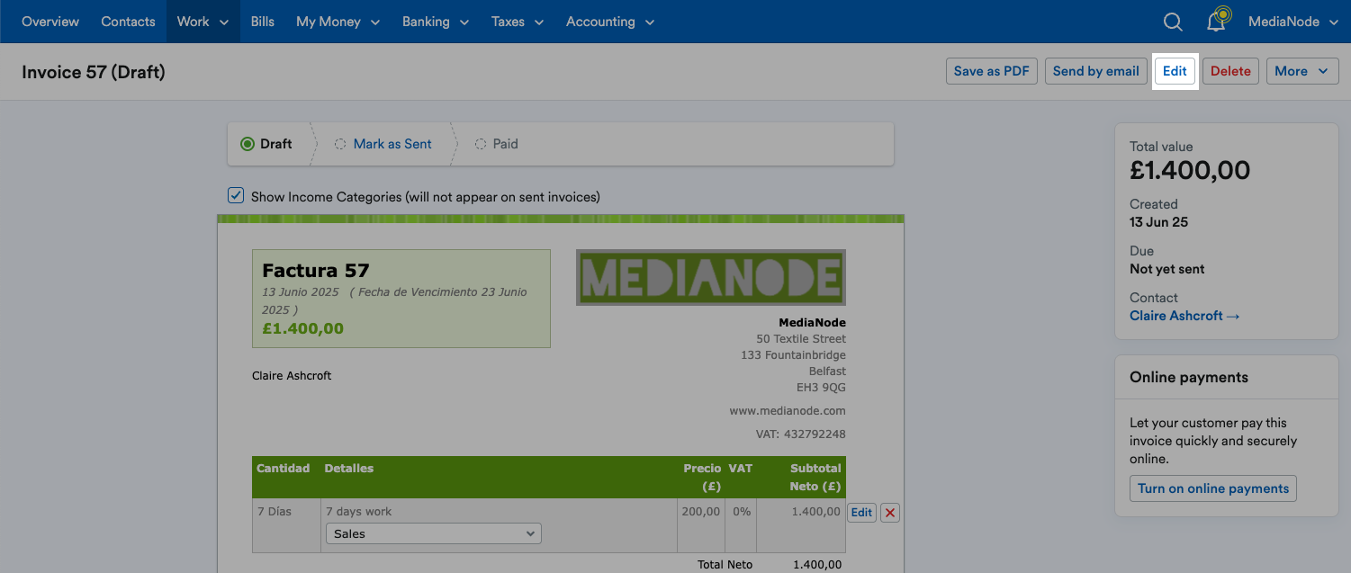 ‘Edit’ button highlighted above the invoice.