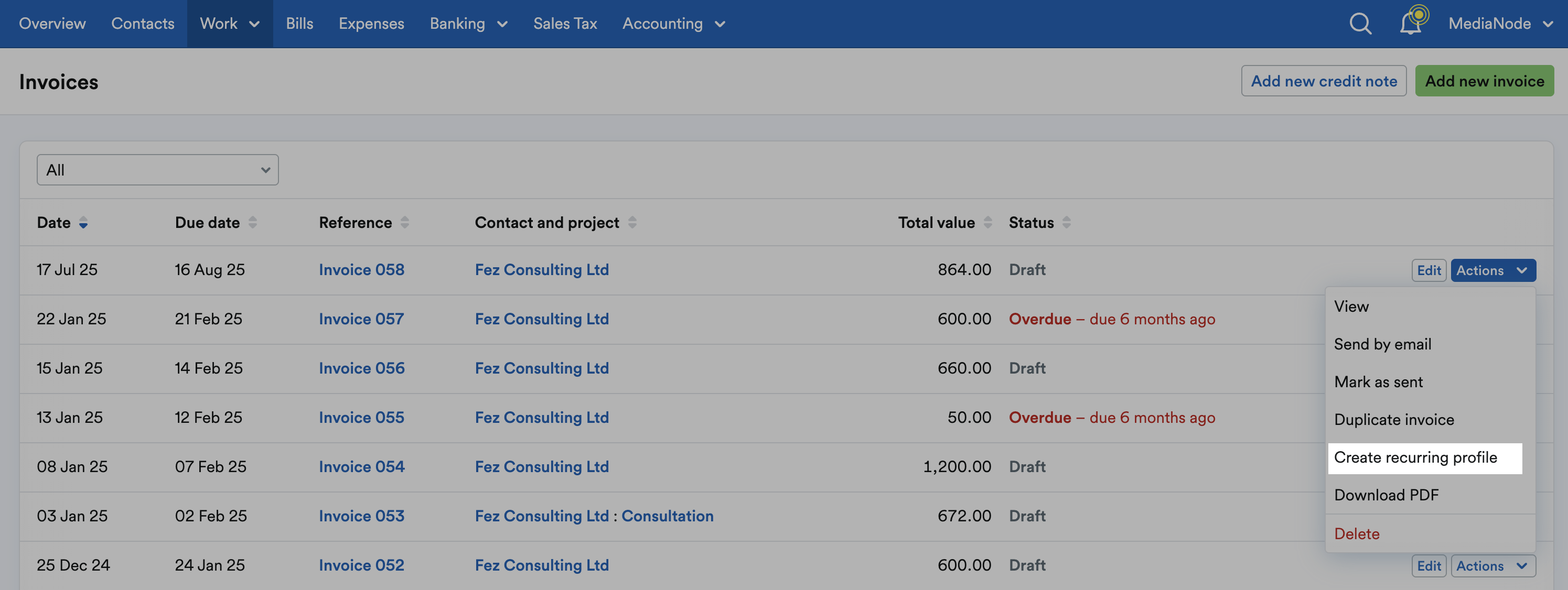 ‘Create recurring profile’ highlighted on ‘Actions’ drop down menu.