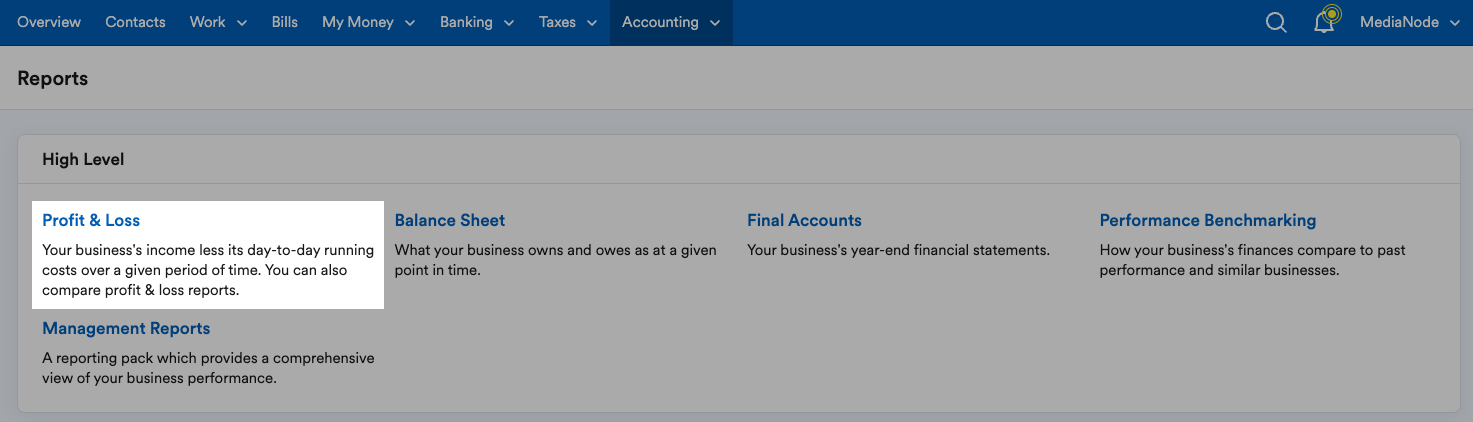 ‘Profit and Loss’ highlighted under ‘High Level’ section of Reports page.