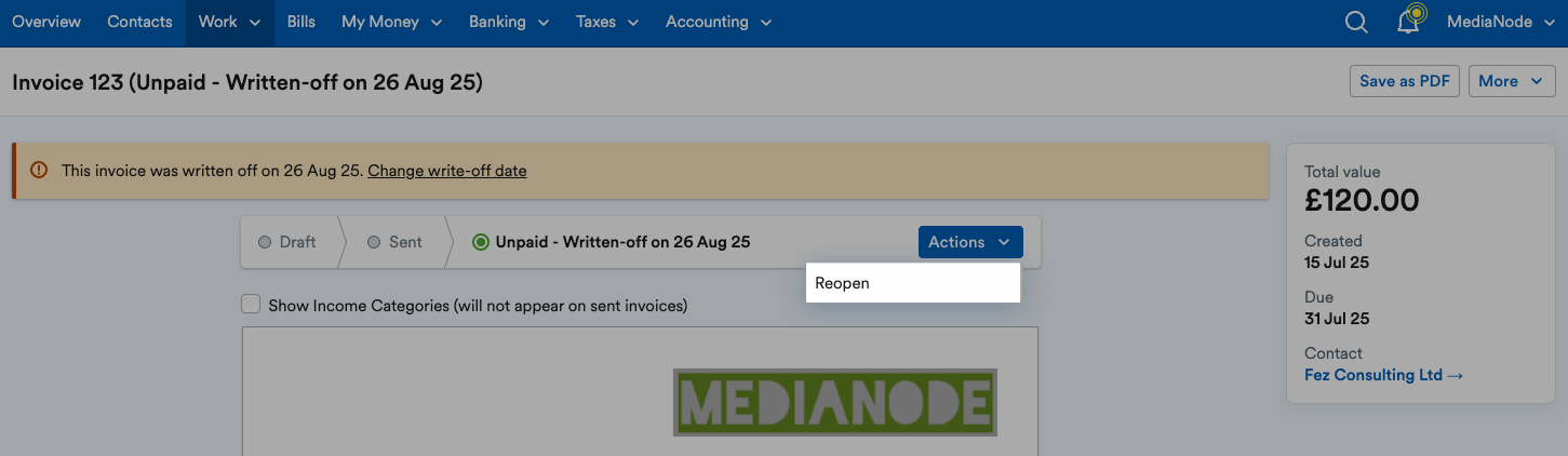 ‘Reopen’ highlighted on ‘Actions’ drop down menu.