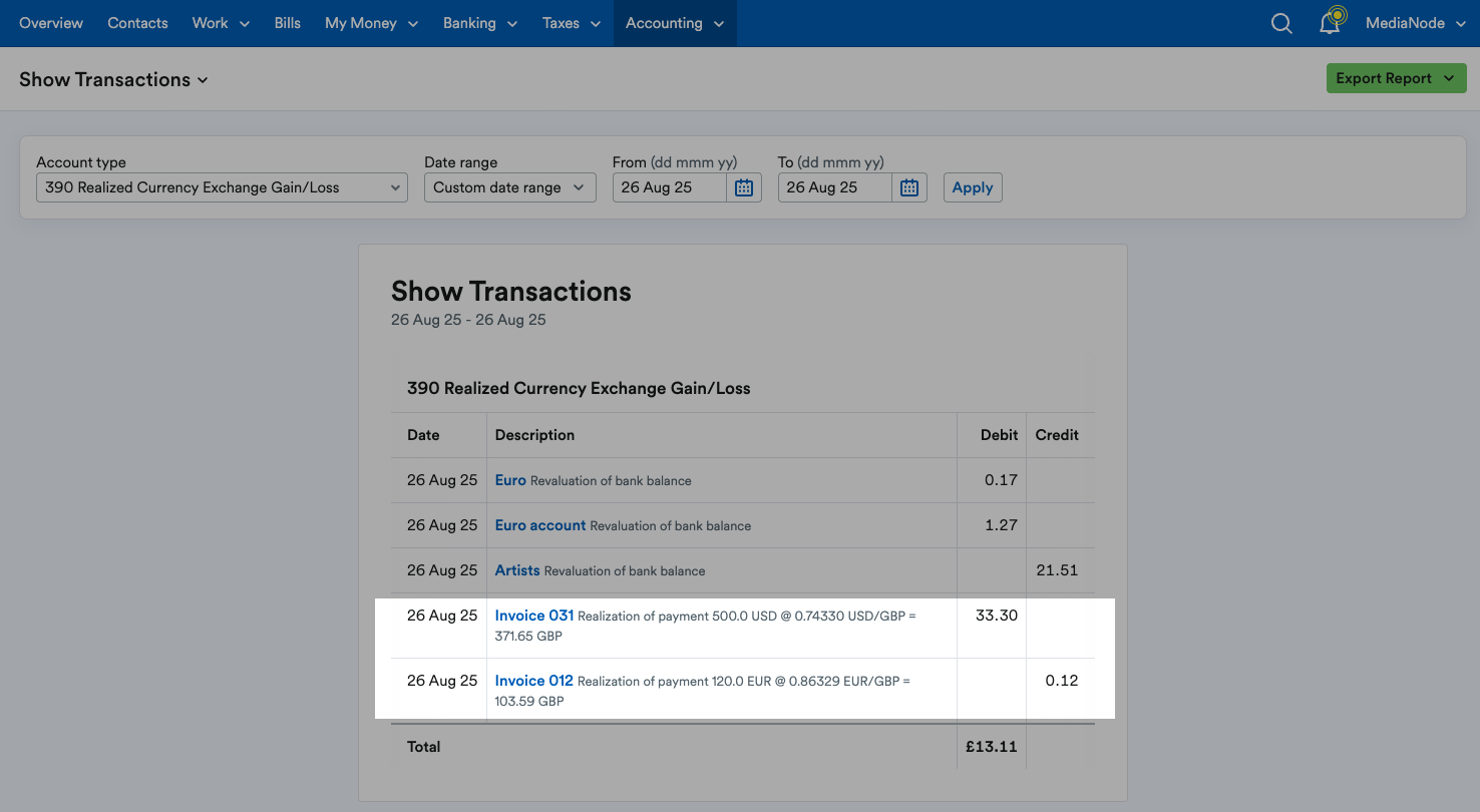 Realization of invoice payments showing on Realized Gain or Loss account.