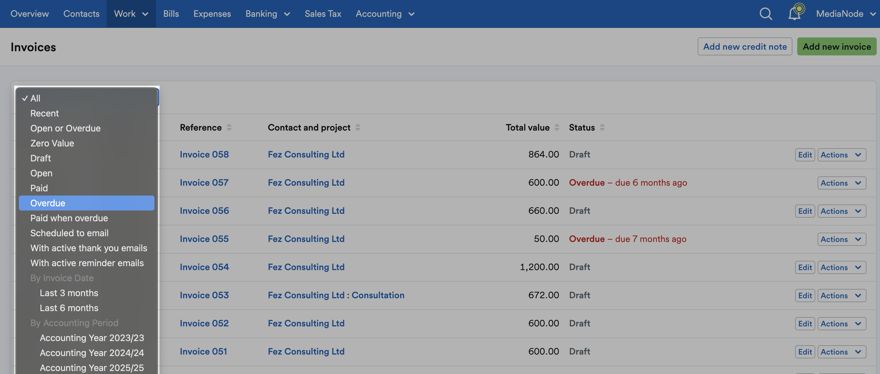 ‘Overdue’ highlighted on drop down menu.