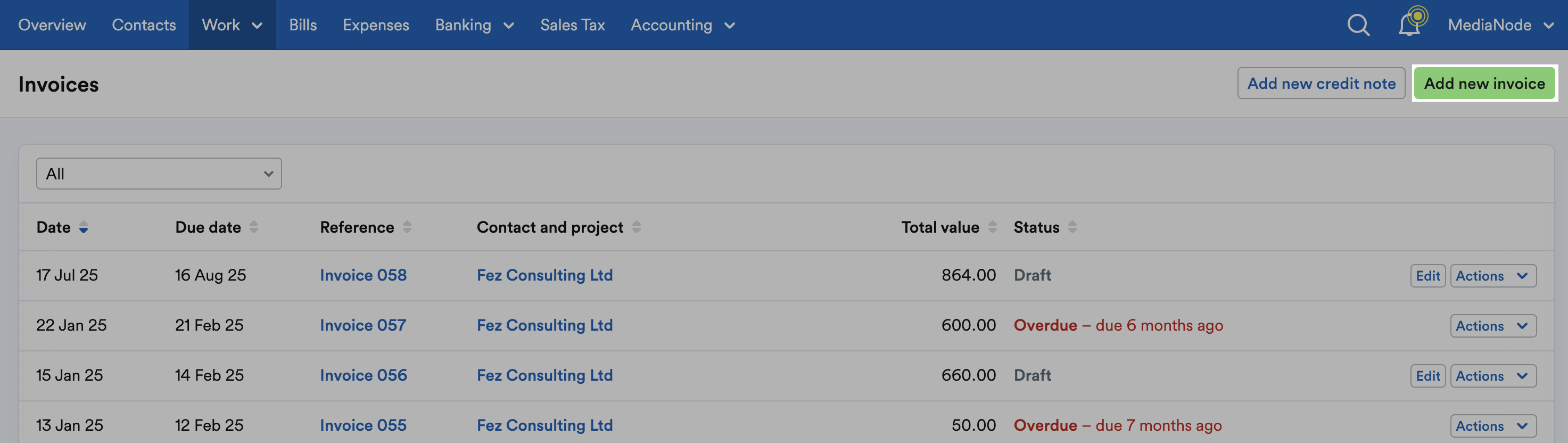 ‘Add new invoice’ button highlighted above list of invoices.