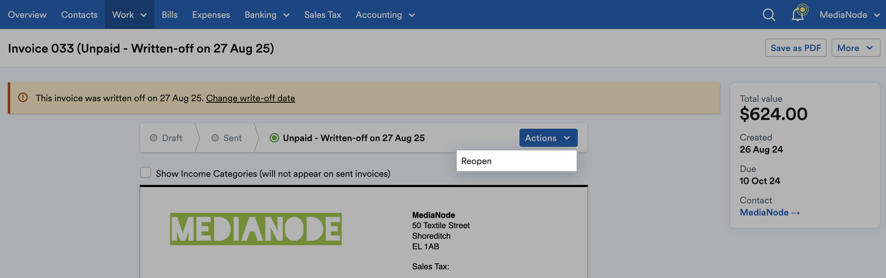 ‘Reopen highlighted under ‘Actions’ drop down menu.