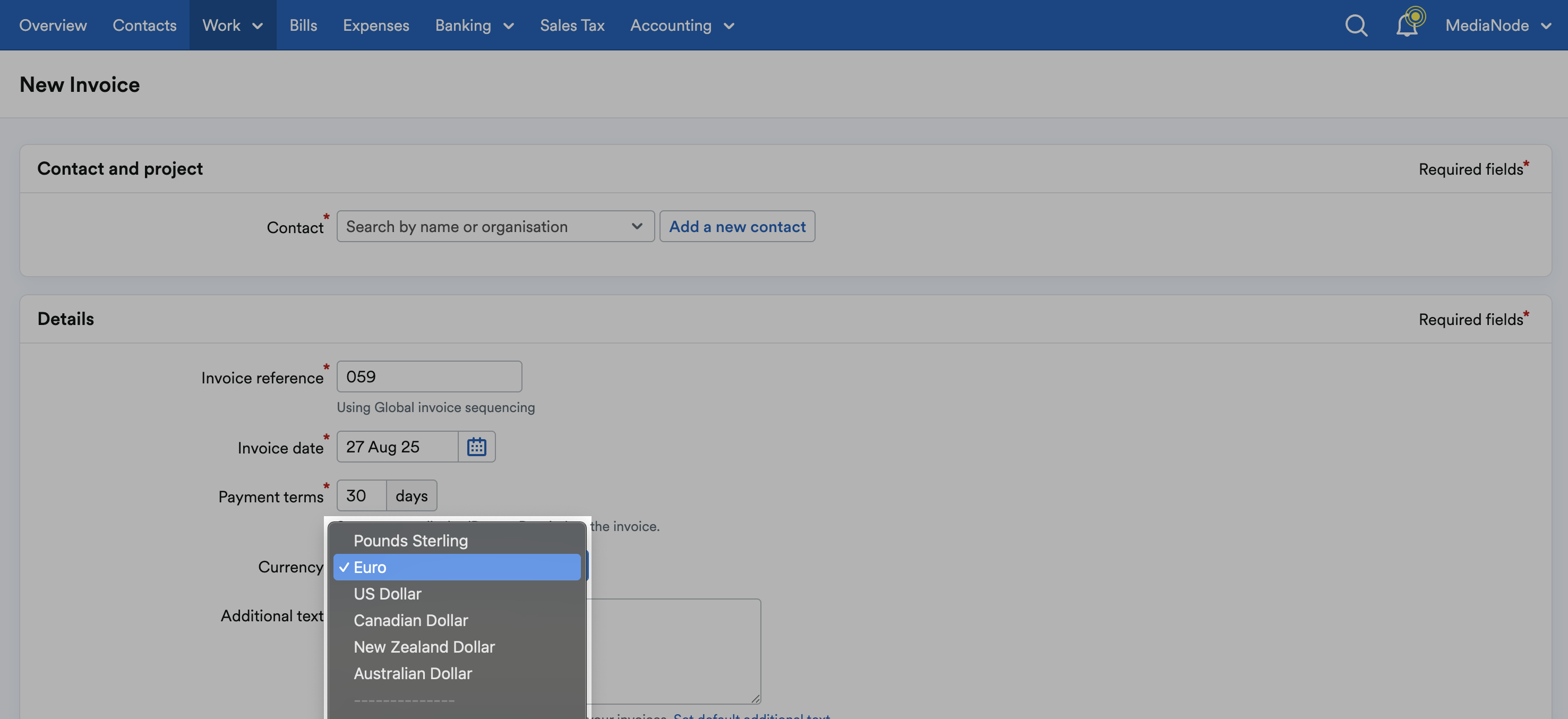 Foreign currency selected on ‘Currency’ drop down menu.