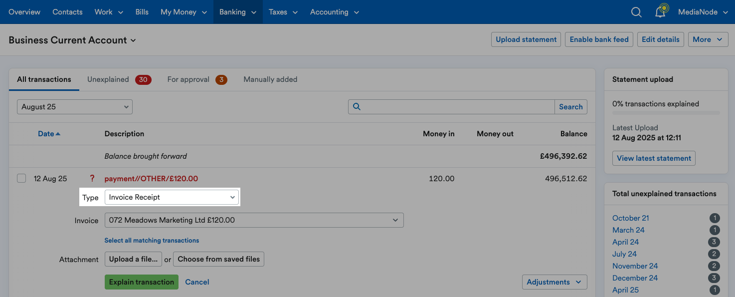 ‘Invoice Receipt’ selected from ‘Type’ drop down menu.