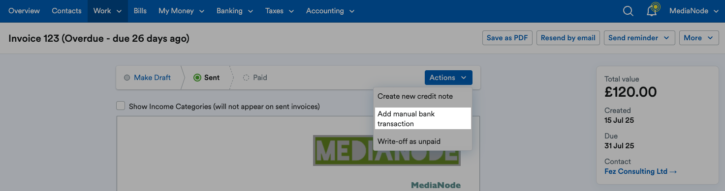 ‘Add manual bank transaction’ highlighted on ‘Actions’ drop down menu.