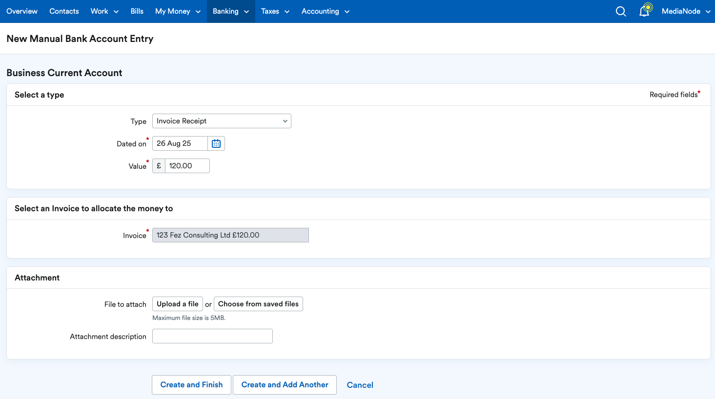 New Manual Bank Account Entry page.
