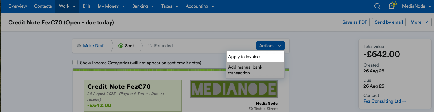 ‘Apply to invoice’ highlighted on ‘Actions’ drop down menu.