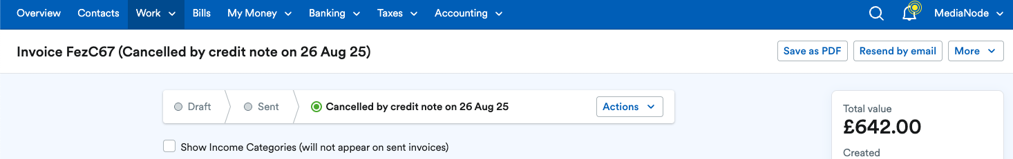Invoice showing as ‘Cancelled by credit note’.
